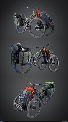 three different views of the same bike with backpacks strapped to it's back