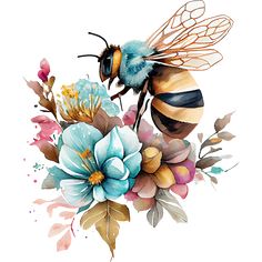 a watercolor painting of a bee and flowers