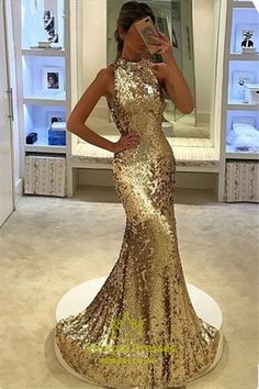 Sparkly Elegant Sequin Floor Length Sleeveless Mermaid Evening Dress Sequence Dress Long, Fishtail Prom Dress, Gold Sequence Dress, Champagne Dresses, Paris Prom, Sweep Train Prom Dress, Matric Dance, Sequence Dress, Sequin Dresses