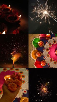 fireworks and diyas on the occasion of diwaling with sparklers in different stages