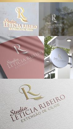 the logo for studio rica rubero is shown in several different colors and styles, including gold