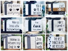 six different types of boxes with dog sayings on them and ribbons tied around the edges