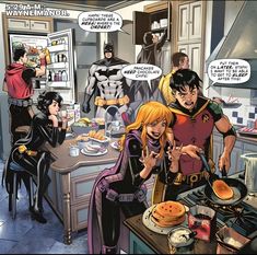 an image of a group of people in the kitchen with comic characters talking to each other