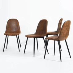 four brown chairs with black legs on a white background