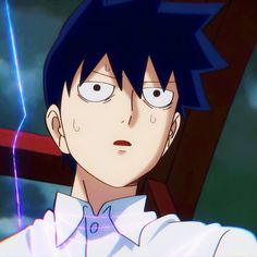 an anime character with blue hair and white shirt looking at something in the sky behind him