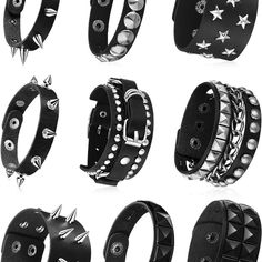 9 Pieces Spiked Studded Bracelet Black Leather Rivet Punk Bracelet Cuff Wrap Bangle Snap Button Metal Wristband For Men Women Black Rock Jewelry, Black Punk Leather Bracelet, Punk Style Black Wristband For Festivals, Black Edgy Wristband With Studs, Adjustable Punk Leather Bracelet, Black Punk Wristband For Concert, Adjustable Metal Bracelets With Studs, Adjustable Edgy Wristband For Party, Black Punk Bracelets For Festival