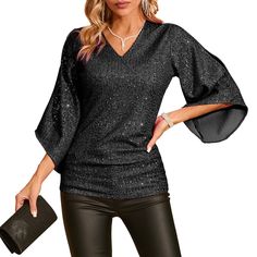 PRICES MAY VARY. Size: The sequin tops for women are designed with a slim fit and low stretchy. If you want the dressy top loose to wear, please choose one size up. V Neck: The sparkly tops for women party night are designed with V-neck that not only adds a flirty and feminine touch but also highlights your neckline while the glittering details add a touch of sparkle to your outfit. Casual and simple style with v neck design, makes you look adorable and elegant. 3/4 Sleeve: The women's sparkly s Outfits For Party, Tops For Party, Sparkly Tops, Sparkle Blouse, Split Sleeve Top, Birthday Outfit For Women, Vegas Outfit, Sparkly Top, Sequin Shirt