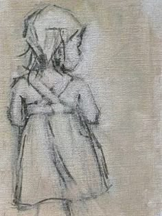 a drawing of a woman in a coat with an umbrella over her head and hands on her hips