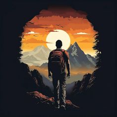 a man with a backpack is looking out at the mountains in front of an orange and yellow sunset