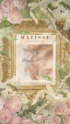 the cover of matissee magazine with pink roses and white flowers in gold frame