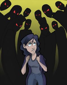 a woman with blue eyes standing in front of some black monsters