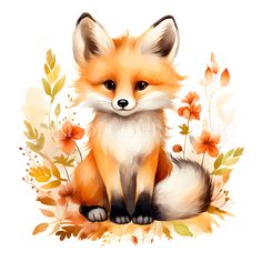 a watercolor painting of a fox sitting on the ground with flowers and leaves around it