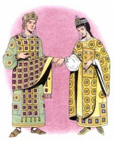 two men in medieval clothing shake hands with each other on a pink and yellow background