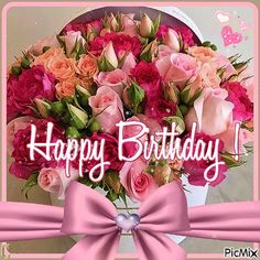 happy birthday card with pink roses in a vase