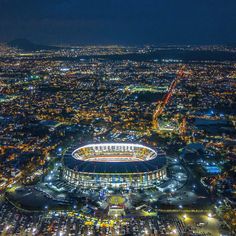 an aerial view of a stadium at night