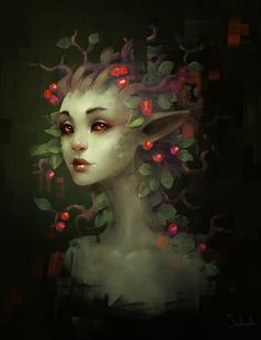 a digital painting of a woman with flowers in her hair and an elf's head