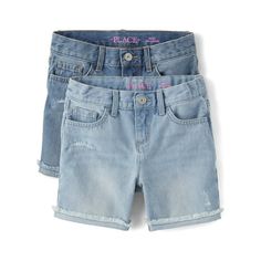 The Children's Place Girls denim shorts are the perfect transitional piece to warmer weather and throughout the summer. Pack of 2 midi shorts includes Serena wash and Cloudless wash. Features mid rise, midi fit, inner adjustable tabs for a custom fit, frayed roll cuff hem opening, five pocket styling and belt loops, rips, handsanding and whiskering at front for a lived-in look, and snap closure zip fly (sizes 4-7) and button closure zip fly (sizes 8+). Pair with her favorite top and shoes or fli Girls Denim Shorts, Midi Shorts, Cuffed Denim Shorts, Girls Denim, Denim Short, Basic Outfits, Childrens Place, Custom Fit, Snap Closure