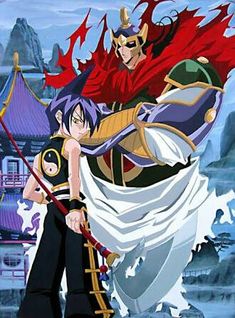 two anime characters standing next to each other with swords in their hands, one holding the other's hand