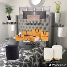 a bed room with pillows and boxes on the headboard next to two nightstands