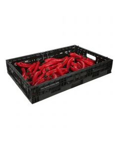 a black crate filled with red peppers