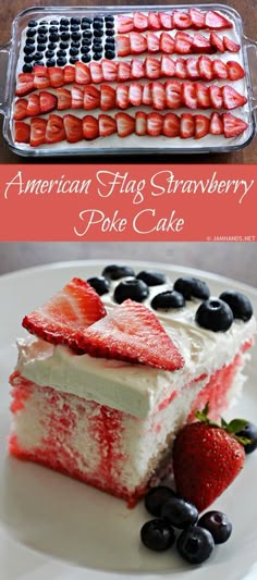 an american flag strawberry poke cake with blueberries and strawberries in the middle, on a white plate