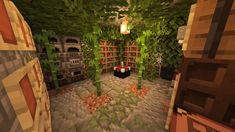 an empty room with bookshelves and plants on the walls, in minecraft