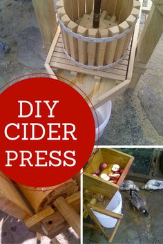 a collage of photos with the words diy cider press in red and white