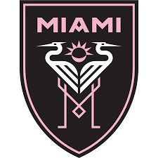 the miami city soccer club logo on a black and pink shield with two birds in it