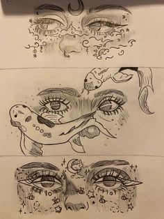 three drawings of different faces and eyes