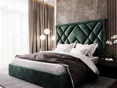 a bedroom with a green headboard and white sheets on the bed, along with curtains