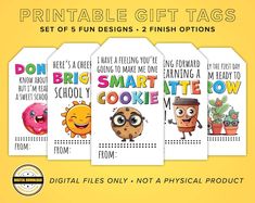 four printable gift tags with cartoon characters on them