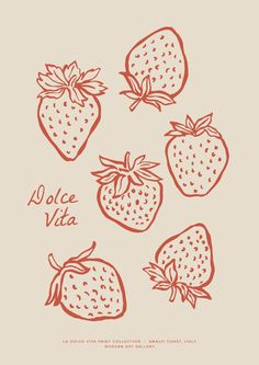 four strawberries with the words dolce vita written below them on a beige background