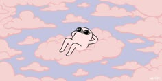 a cartoon dog floating in the sky with clouds around him and sunglasses on his head