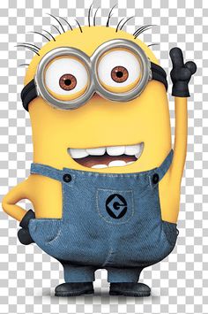 a cartoon minion wearing overalls and holding his arms up in the air with both hands