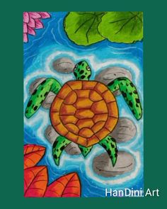 a painting of a turtle swimming in the water