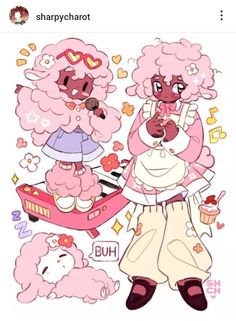 two pink poodles are standing next to each other and one is holding a cupcake