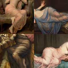 three paintings of women in different poses, one laying down and the other lying down