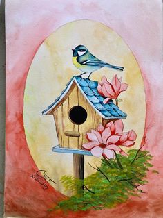 a painting of a bird house and flowers