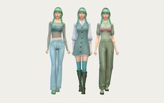 three females are standing next to each other wearing green hair and blue jeans, all in the same outfit