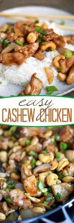 cashew chicken and rice in a skillet with the title overlay above it