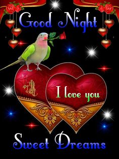 a couple of birds sitting on top of two red heart shaped boxes with the words good night