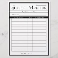 a black and white sign that says silent auction with the word written in cursive writing