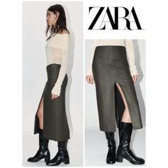 Zara Woman Collection, Midi Skirt Made Of 100% Wool. Mid Waist And Belt Loops. Vents At Hem. Side Hidden In-Seam Zip Closure. L7 Blue Sequin Skirt, Modest Denim Skirts, Zara Pleated Skirt, Zara Midi Skirt, Tropical Skirt, Zara Knitwear, Long Midi Skirt, Black Floral Skirt, Womens Pleated Skirt