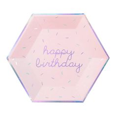 a pink happy birthday paper plate with sprinkles