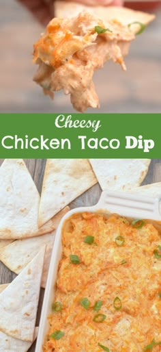 chicken taco dip with tortilla chips on the side