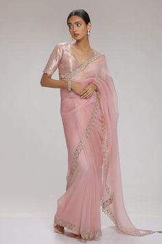 Shop for Chhaya Mehrotra Pink Organza Embellished Saree With Blouse for Women Online at Aza Fashions Organza Saree Blouse Designs Latest, Organza Blouse Designs, Organza Saree Blouse Designs, Baby Pink Saree, Pink Saree Blouse, Pink Blouse Designs, Embellished Saree, Saree Organza, Unique Bridesmaid Dresses