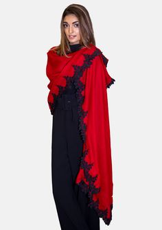 Woven from a fine silk and wool blend, this red scarf features a contrasting black bold scalloped edging lace border. This chic and contemporary accessory keeps you stylishly warm. Elegant Red Scarf For Fall, Elegant Red Silk Shawl, Elegant Red Winter Shawl, Formal Red Shawl Scarf, Elegant Red Scarves For Winter, Elegant Red Scarf For Winter, Elegant Red Winter Scarf, Contemporary Accessories, Red Scarf