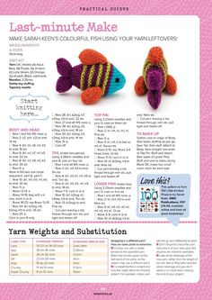 an advertisement for yarn fish toys with instructions on how to knit it and how to make them