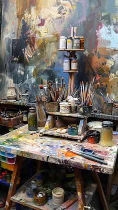 an artist's studio with lots of paint and brushes