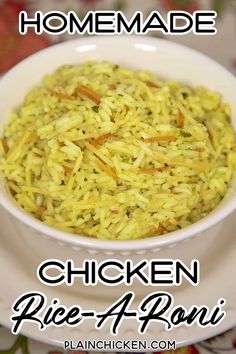 chicken rice in a white bowl with the words, homemade chicken rice - 4 roni